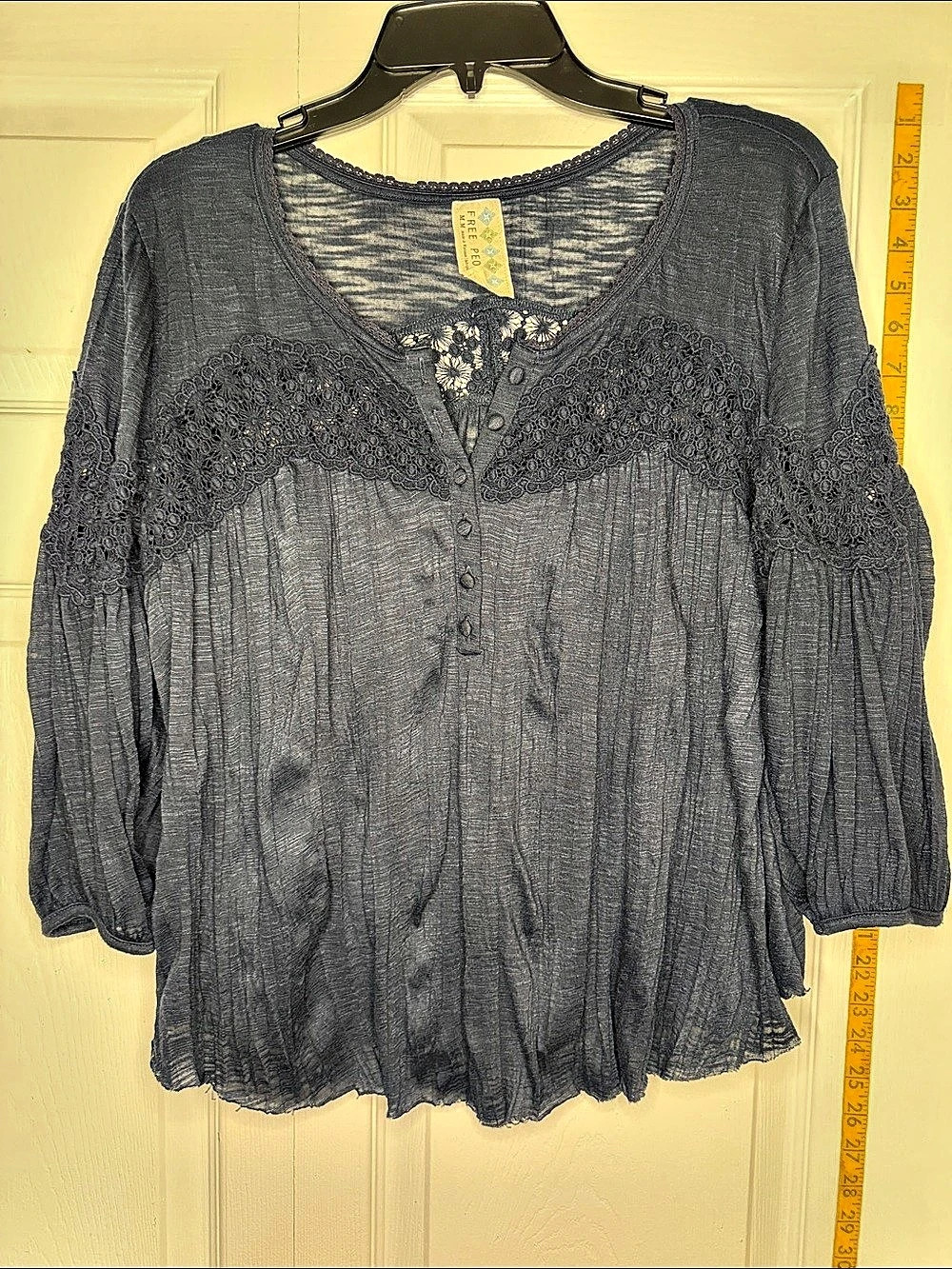 Free People Lace Front Peasant Blouse in Blue